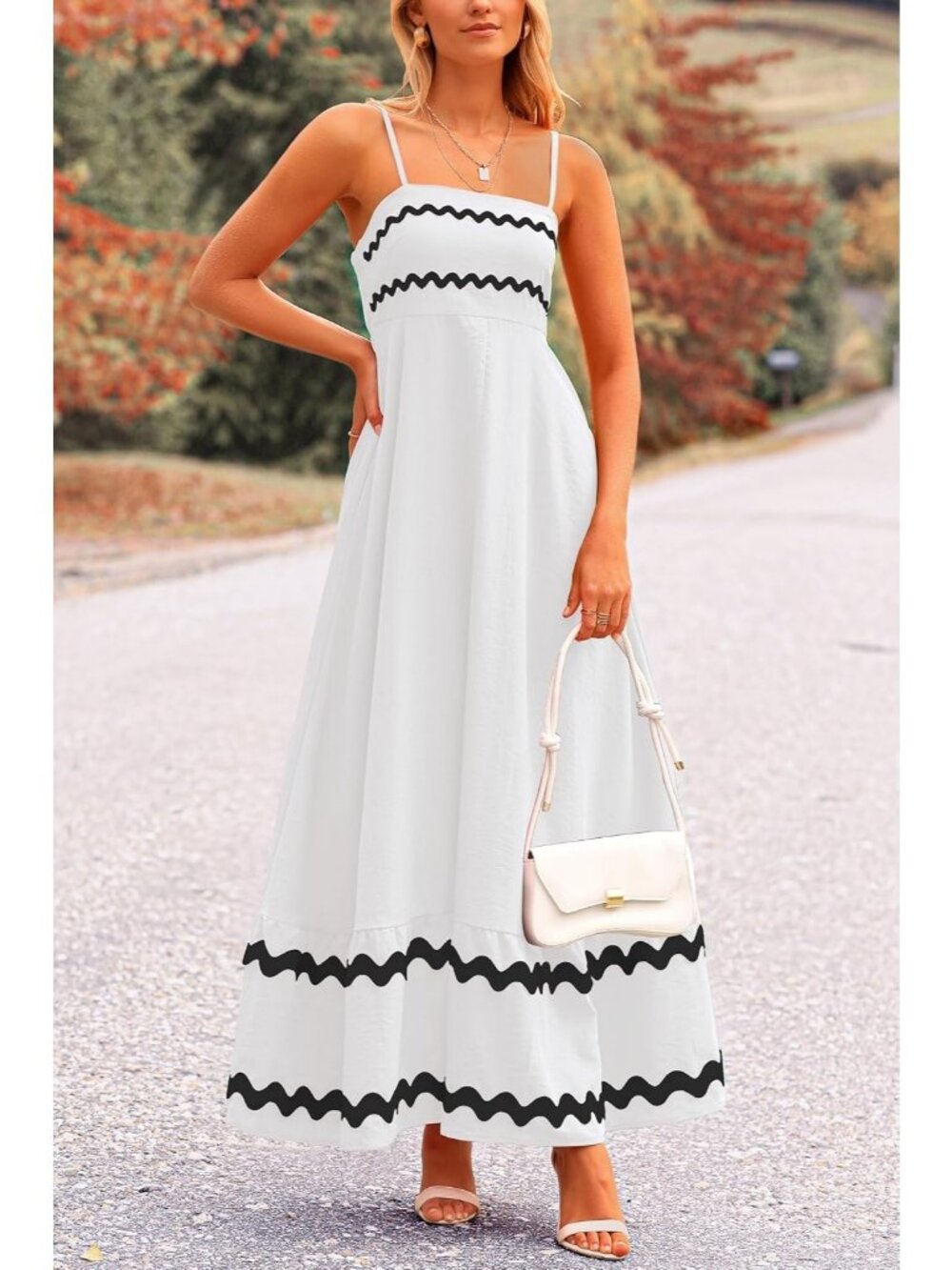 Women's White Sleeveless Square Neck High Waist Imported Causal Maxi Dress - Picture 5 of 6